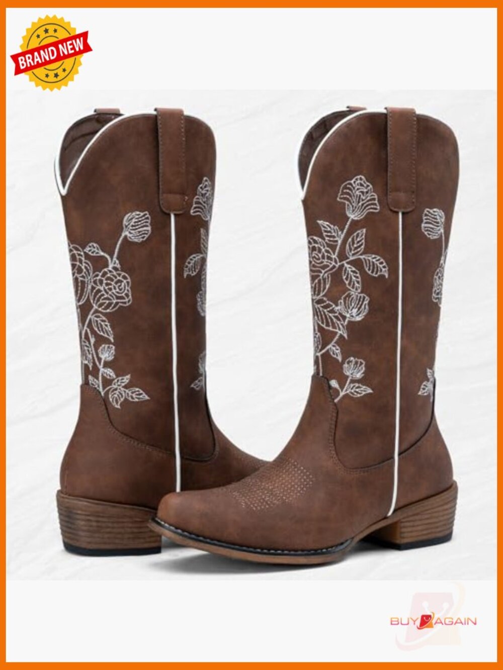 Western Cowboy Boots Mid Calf Embroidery Flower Low Heel Side Zipper Riding - Picture 6 of 7